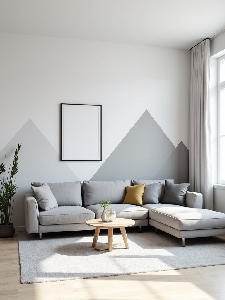 “A modern living room with a grey and white geometric triangle wallpaper accent wall behind a grey sectional sofa, creating a stylish and graphic focal point.”