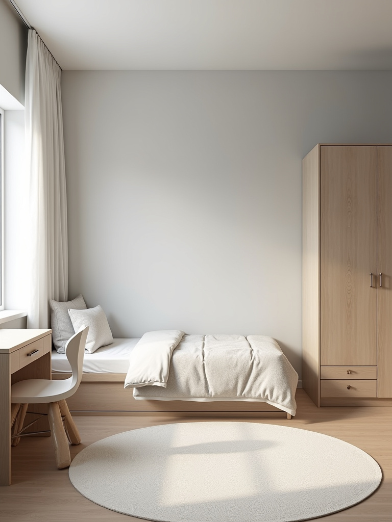 Minimalist kids bedroom with neutral colors, simple furniture, and serene atmosphere.