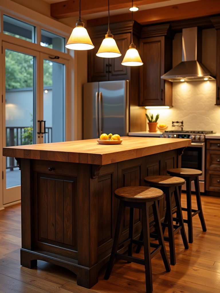 Rustic kitchen island with dark wood base and butcher block top, illuminated by warm pendant lights, with bar stools for seating.