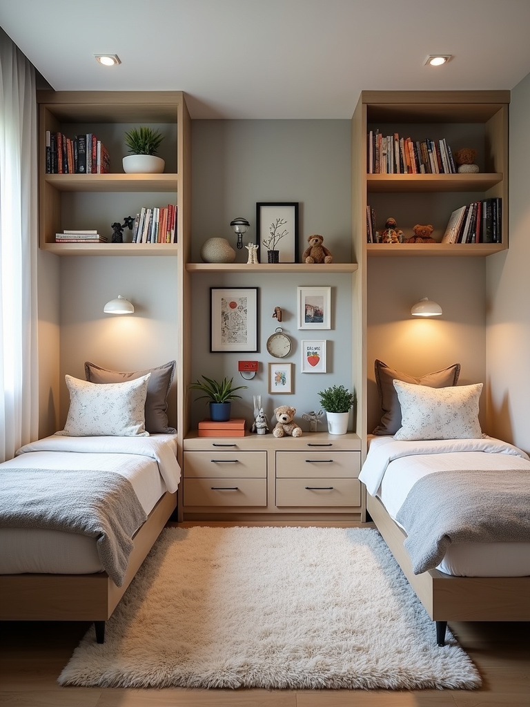 Shared kids bedroom divided into two zones for siblings with individual decor.