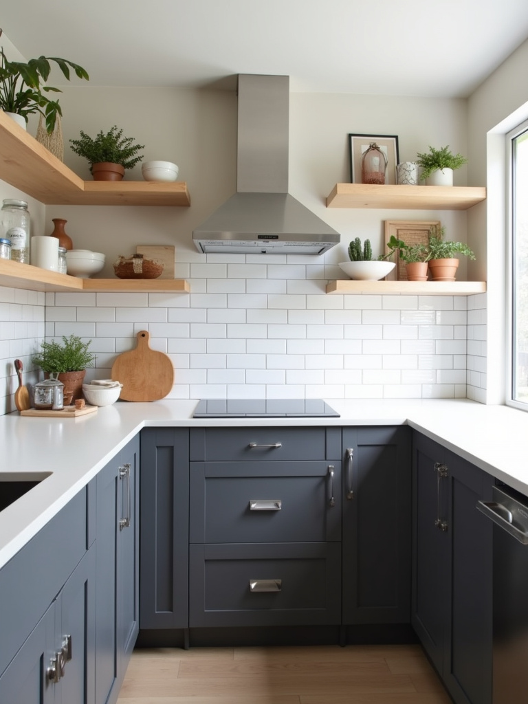 Minimalist kitchen featuring a simple white subway tile backsplash, dark gray flat-panel cabinets, and light wood open shelving.