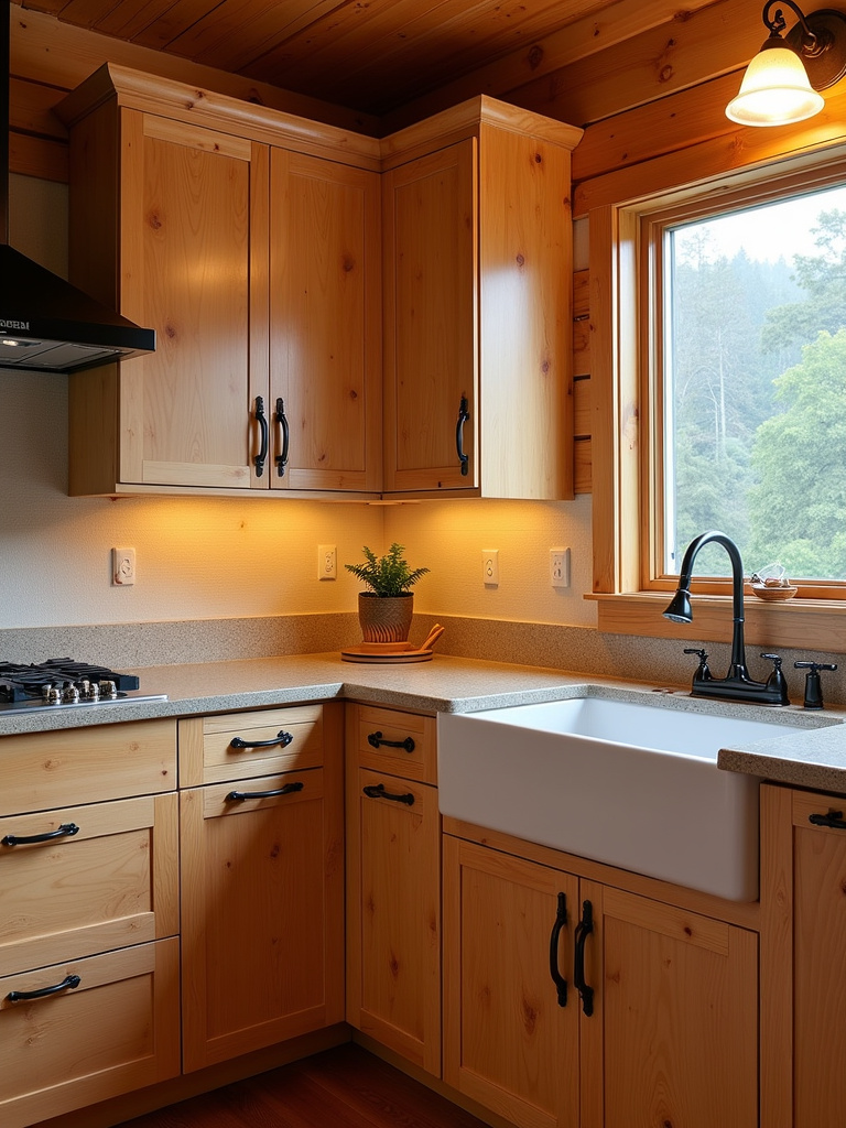 Close-up of warm honey-stained knotty pine rustic kitchen cabinets, softly illuminated by natural window light.
