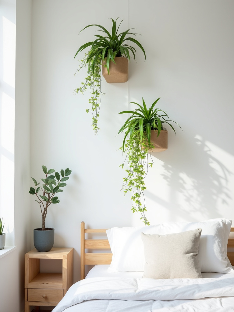 Modern bedroom with wall-mounted planters displaying trailing green plants, minimalist white walls, and light wood furniture.