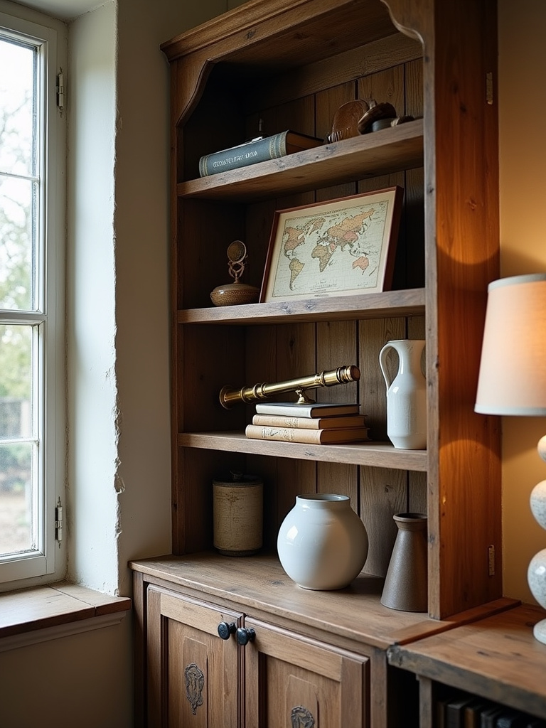 Rustic living room shelf unit styled with vintage books, a telescope, and an antique map under warm light.