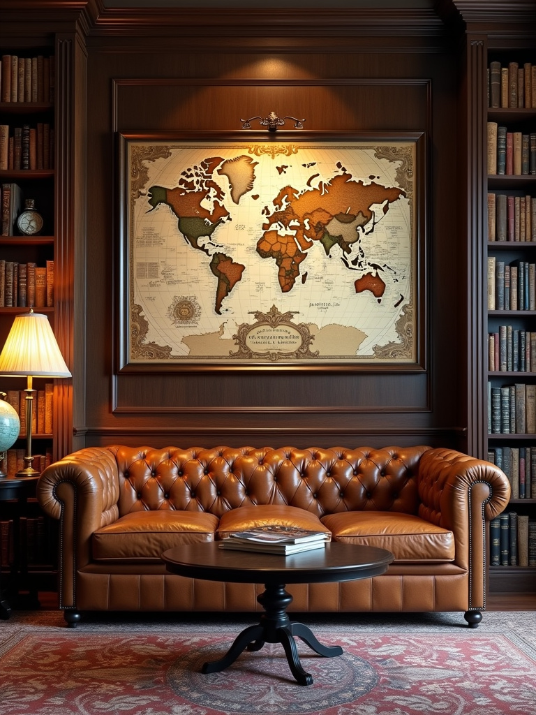 “A library living room with a large framed antique world map above a leather chesterfield sofa, creating a sophisticated and intellectual atmosphere.”