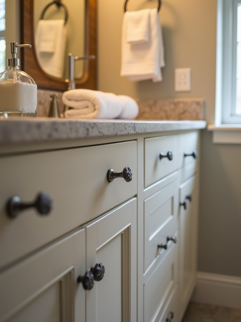 “A close-up view of bathroom vanity details, showcasing stylish hardware, a decorative soap dispenser, and folded towels, emphasizing the importance of finishing touches.”
