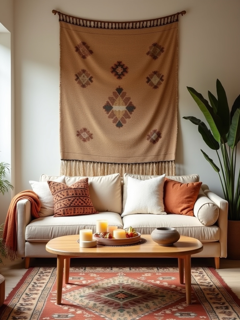 “A bohemian living room with a large textured woven tapestry in earthy tones hanging behind a beige sofa, creating a warm and inviting atmosphere.”