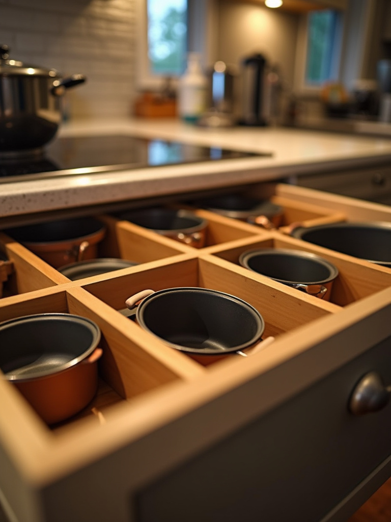 Close-up of an organized kitchen drawer with wooden adjustable dividers separating pots, pans, and lids.