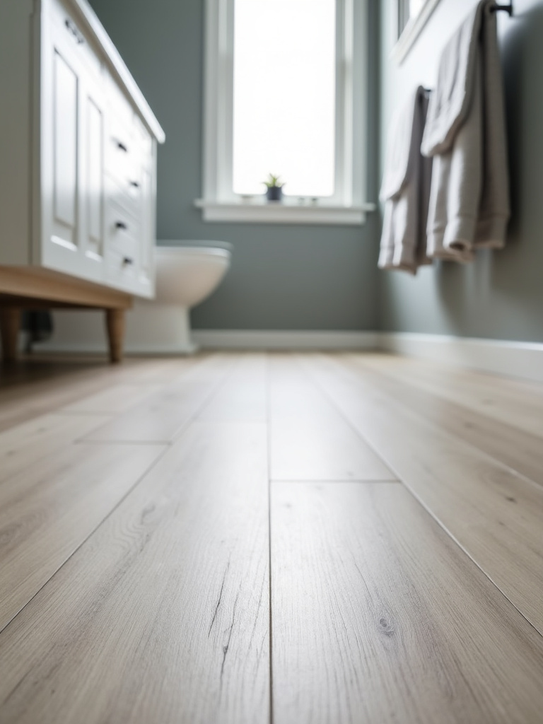 Small modern bathroom featuring light wood-look luxury vinyl plank flooring.