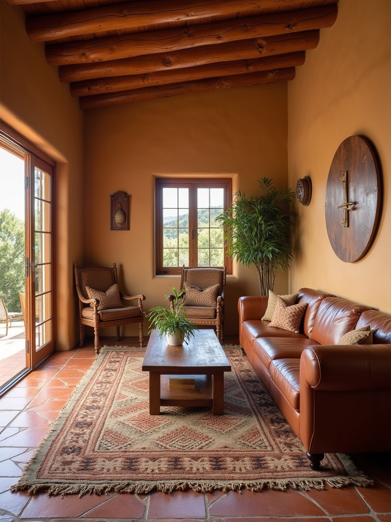 “Earthy Southwestern living room with adobe walls, terracotta tile floor, leather sofa, and woven rug with a Southwestern pattern.”