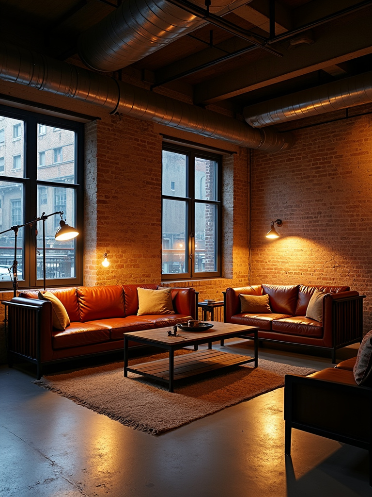“Edgy industrial living room with exposed brick walls, concrete floors, metal and wood furniture, and vintage industrial lighting.”