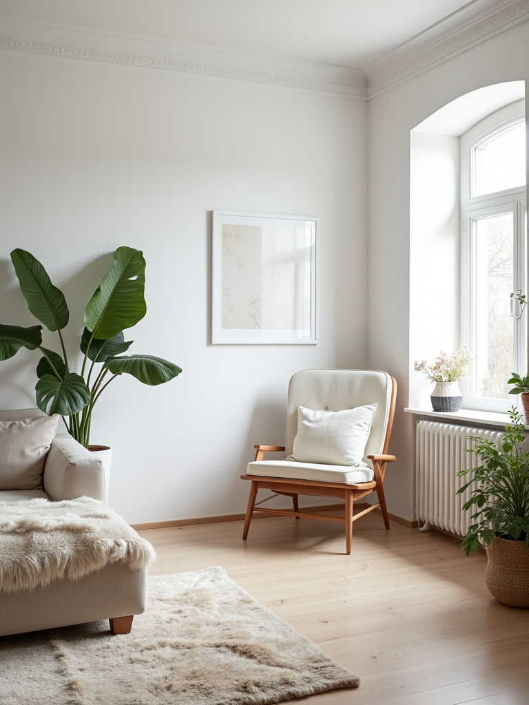 “Effortless Scandinavian living room with white walls, light wood floors, minimalist furniture, and bright daylight.”