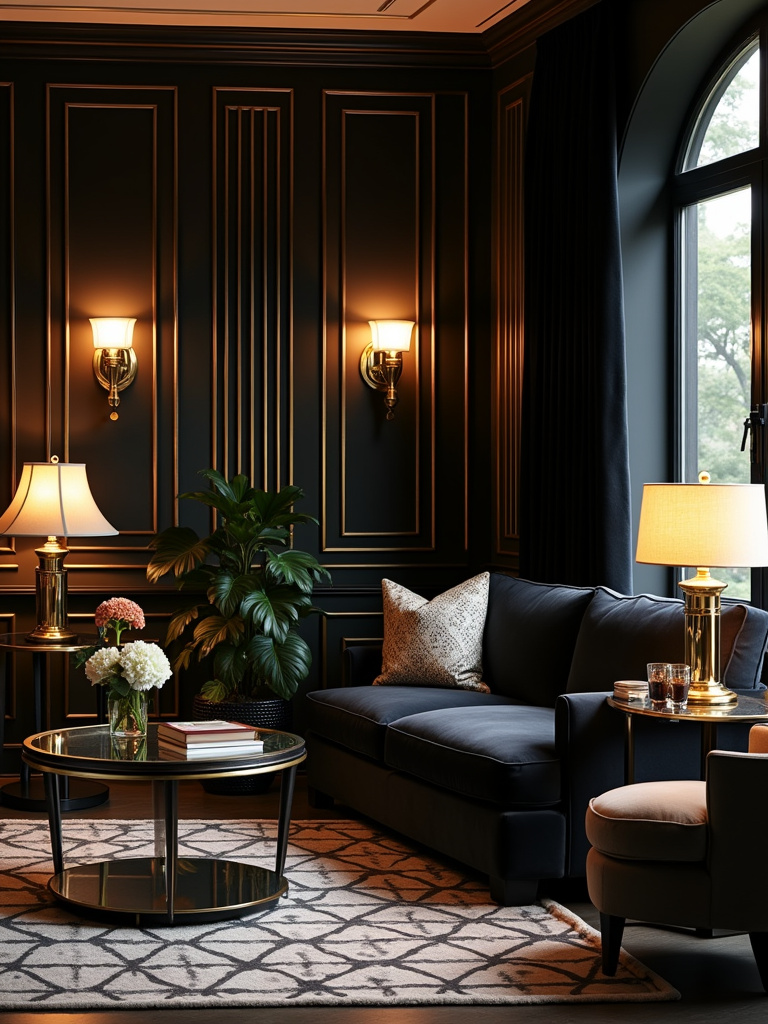 “Elegant Art Deco living room with a geometric patterned rug, velvet sofa, mirrored accents, and chrome furniture.”