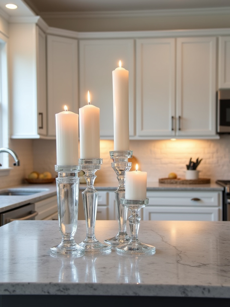 Elegant glass candlestick holders with white candles on a grey quartz kitchen island.