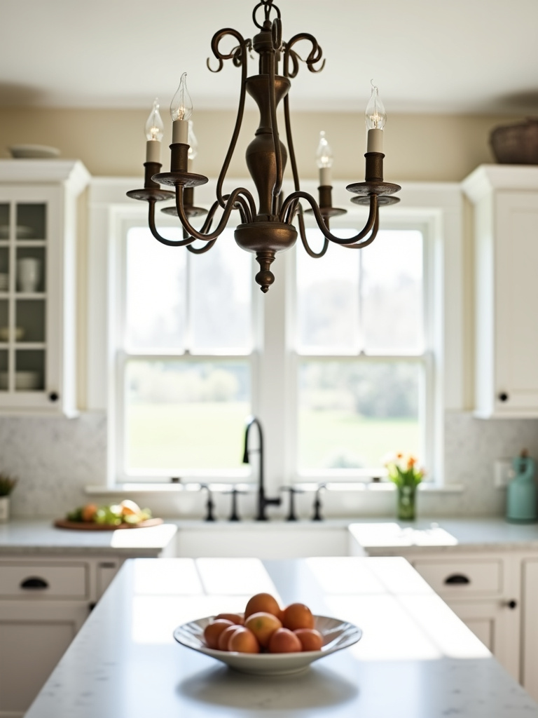 Elegant farmhouse kitchen chandelier with distressed metal finish above a white island.