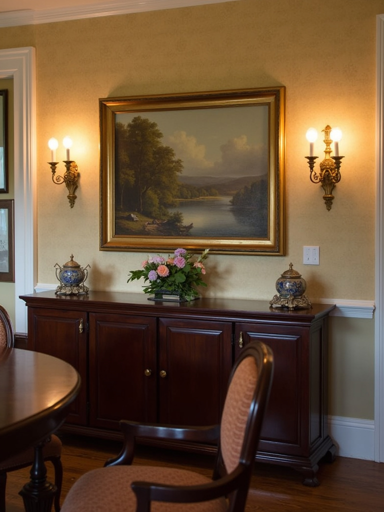 Traditional dining room featuring brass wall sconces illuminating a landscape painting above a sideboard.