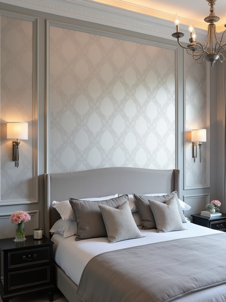 A sophisticated bedroom featuring light gray embossed damask wallpaper on all walls, softly lit by chandelier and wall sconces.