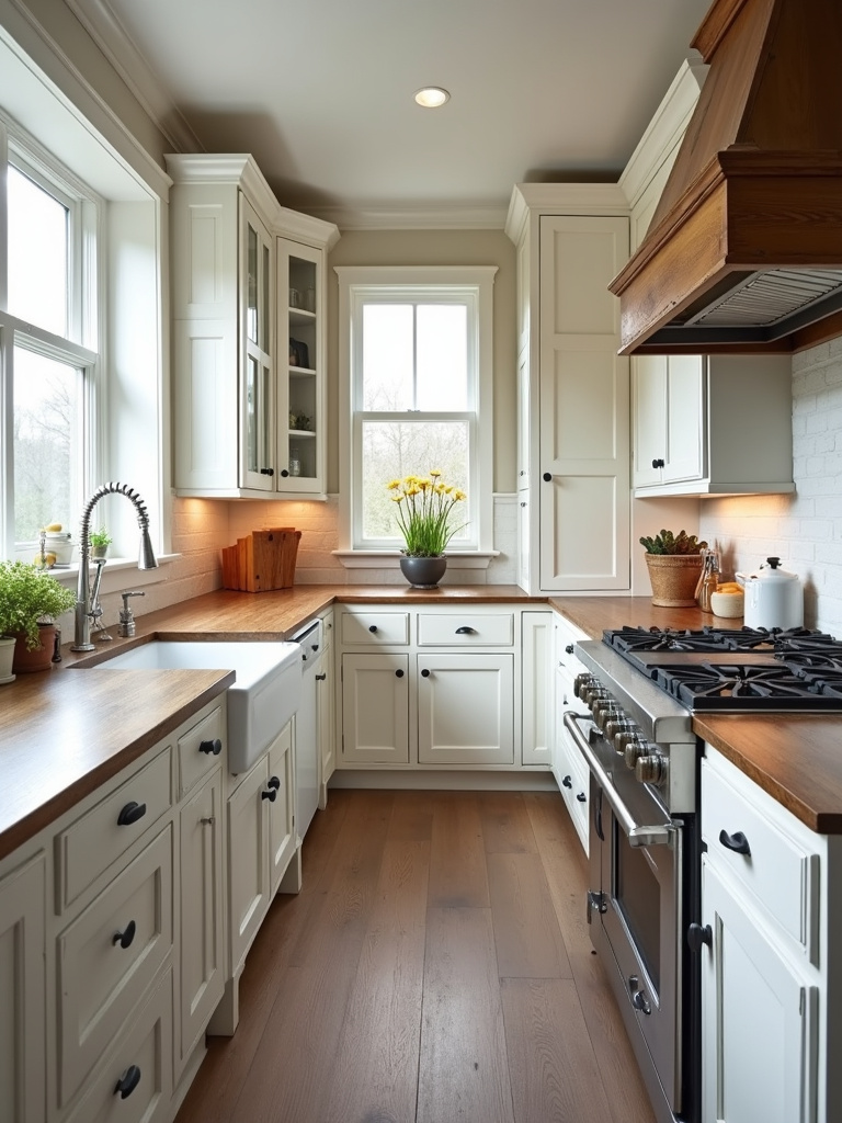 Bright rustic kitchen featuring distressed white cabinets bathed in natural light from a nearby window.