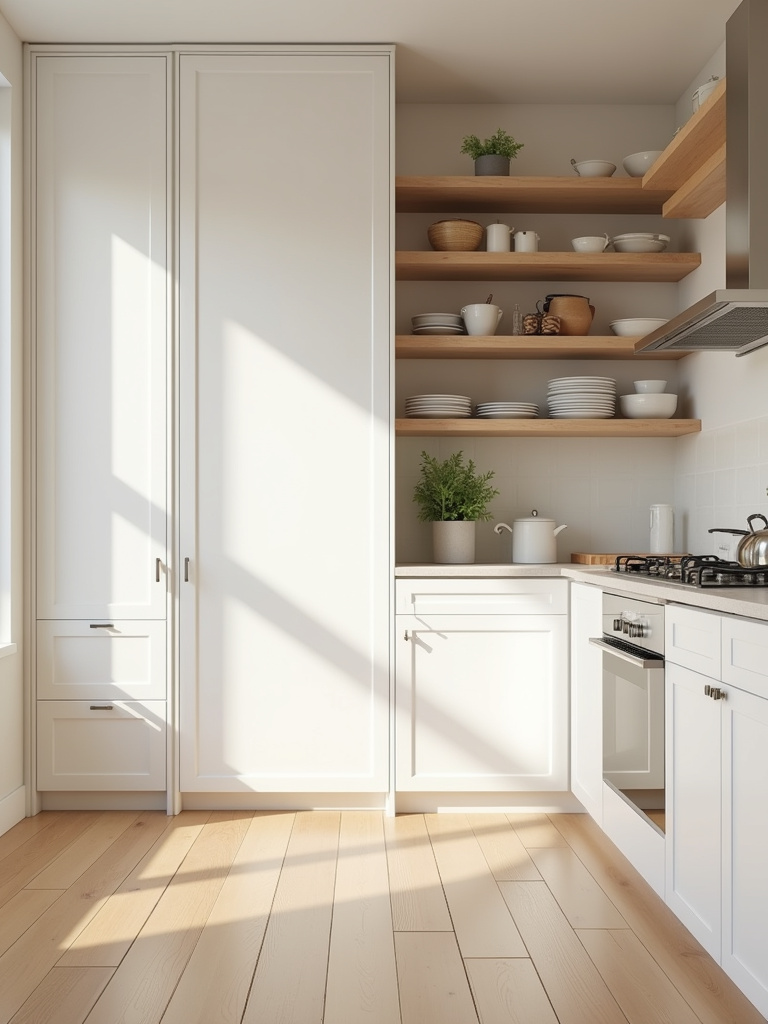 Bright, modern small kitchen showcasing tall white pantry cabinets and open wooden shelves for vertical storage.