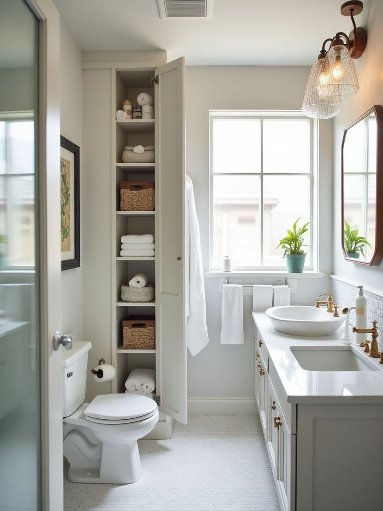 Small modern bathroom showcasing vertical storage solutions like a tall linen cabinet and floating shelves.