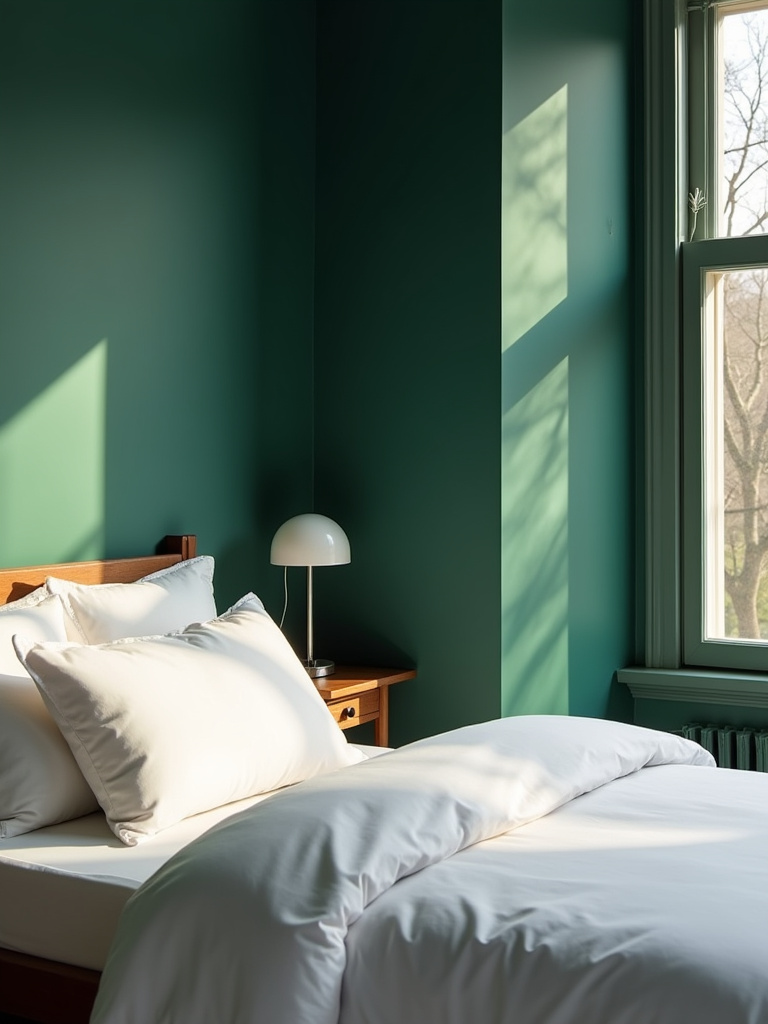 Bedroom with a deep emerald green accent wall behind a bed with white bedding, illuminated by natural light.
