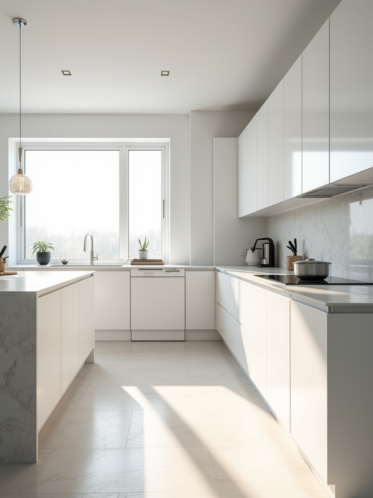 Bright minimalist kitchen with a soft white and light gray neutral color palette, featuring flat-panel cabinets, quartz countertops, and natural light.