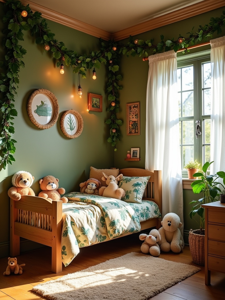 Jungle-themed kids bedroom with green canopy, animal bedding, and faux vines.