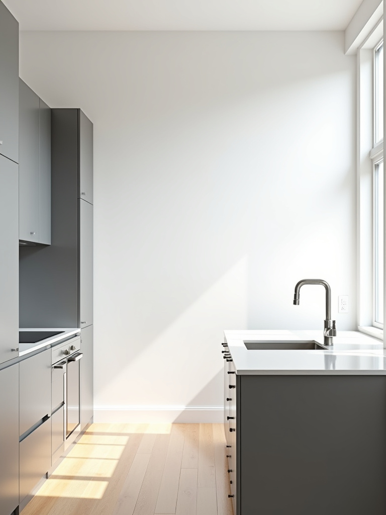 Minimalist kitchen with clean, bare white walls, flat-panel gray cabinets, and light wood flooring emphasizing simplicity and spaciousness.