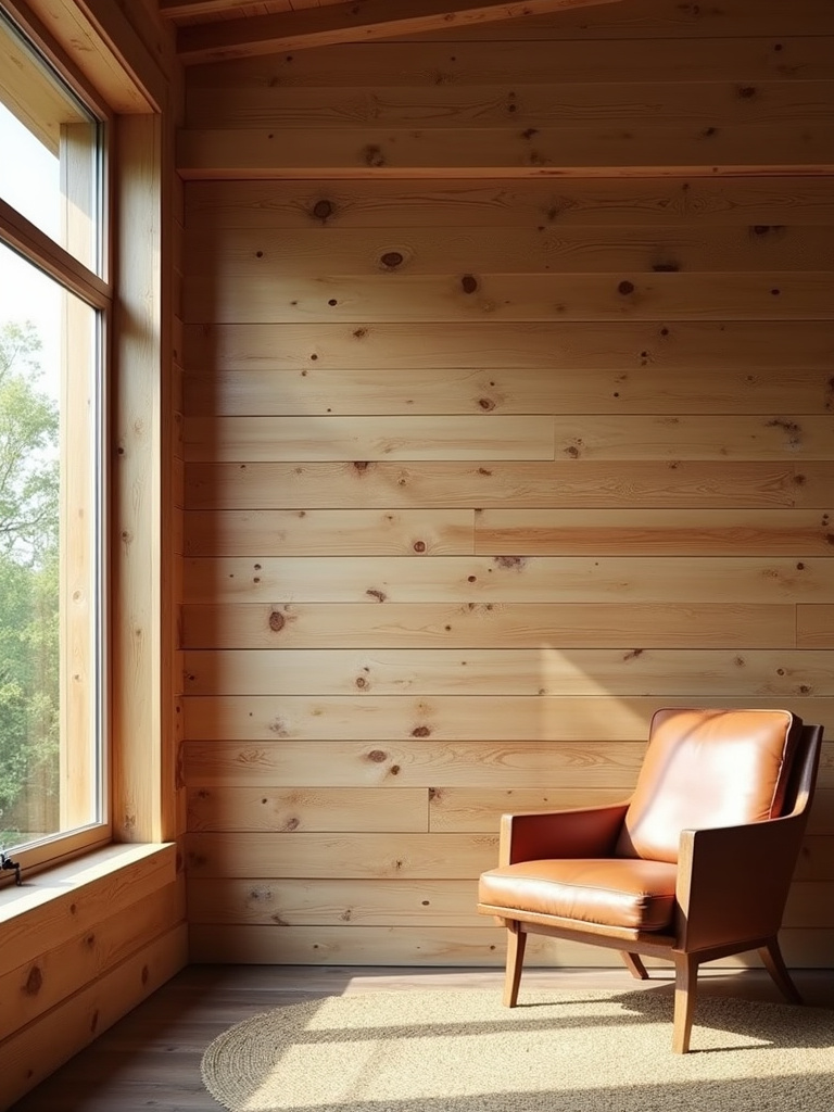 Rustic living room with a wall paneled in warm natural pine wood, illuminated by soft daylight.