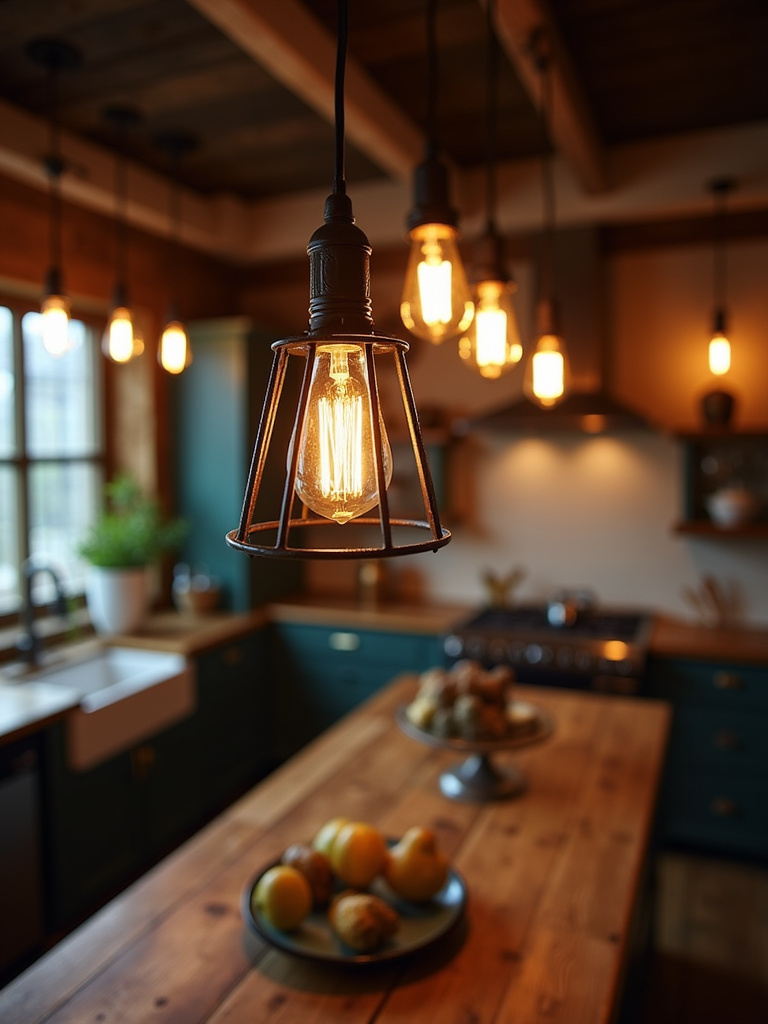Rustic kitchen illuminated by warm pendant lights with Edison bulbs and wrought iron frames, positioned over a central wood island.