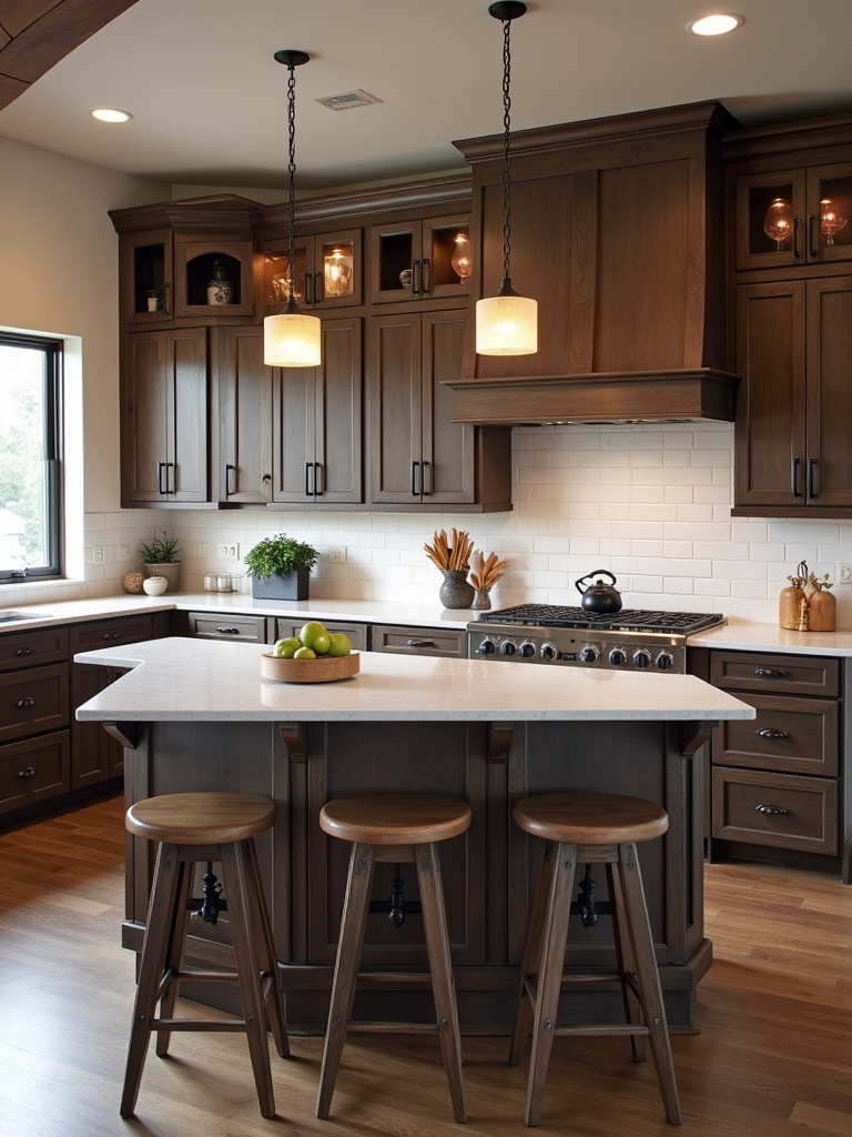 Modern rustic kitchen design featuring a blend of dark rustic wood cabinets, stainless steel appliances, and sleek white countertops.
