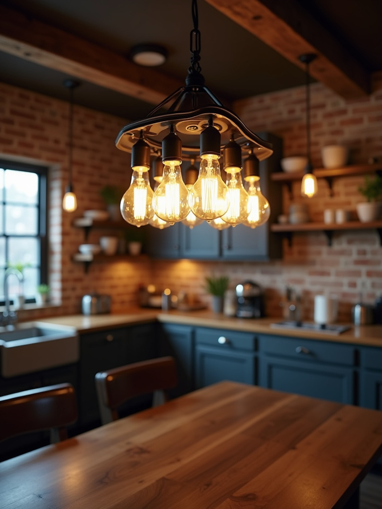 Industrial farmhouse kitchen with an exposed bulb chandelier illuminating the dining area.