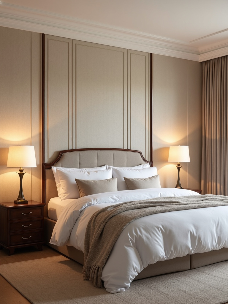 A luxurious bedroom featuring beige linen fabric wallpaper on all walls, softly lit by floor and bedside lamps.