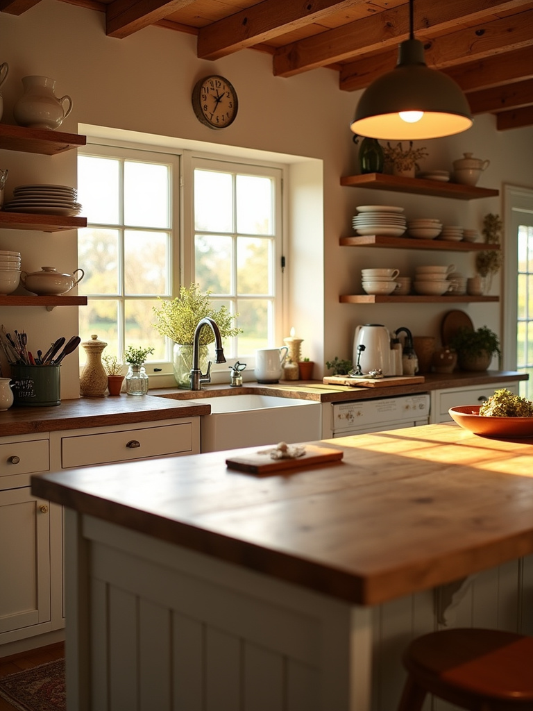A warm and inviting farmhouse kitchen with a wooden island, apron sink, and open shelves displaying vintage dishware, illuminated by golden sunlight.