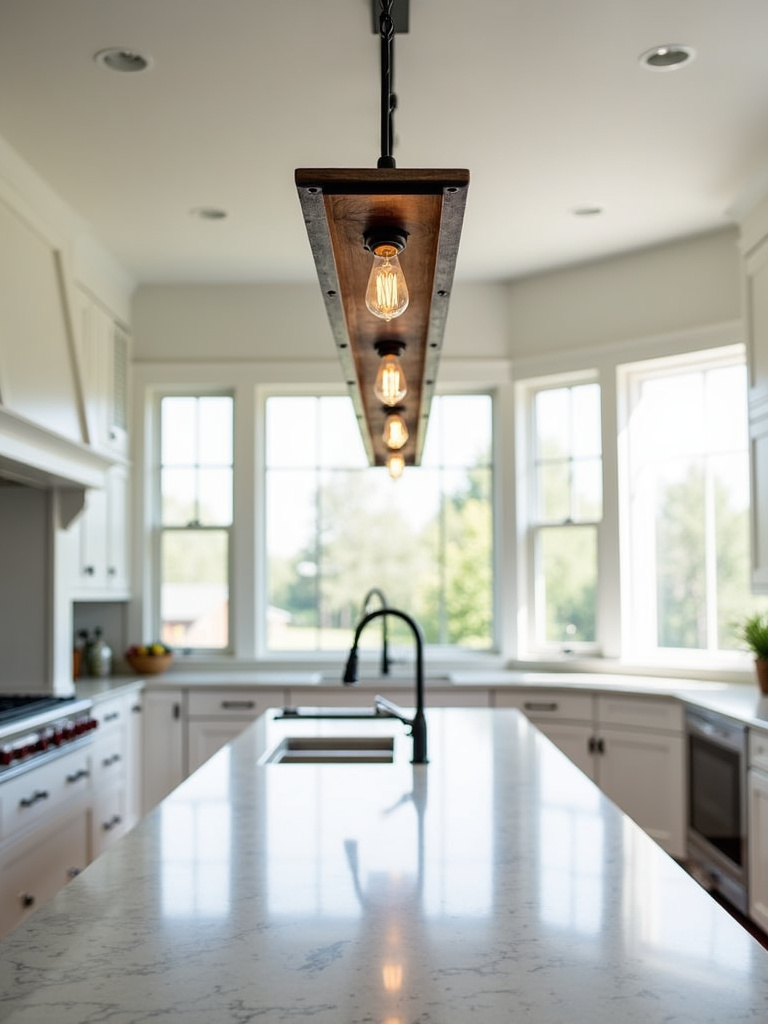 Farmhouse kitchen with a long island illuminated by a linear pendant light.