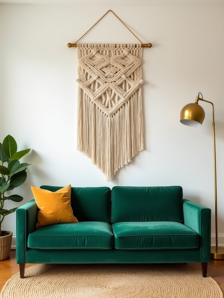 “A boho chic living room with a large macrame wall hanging above an emerald green velvet sofa, creating a textured and stylish focal point.”