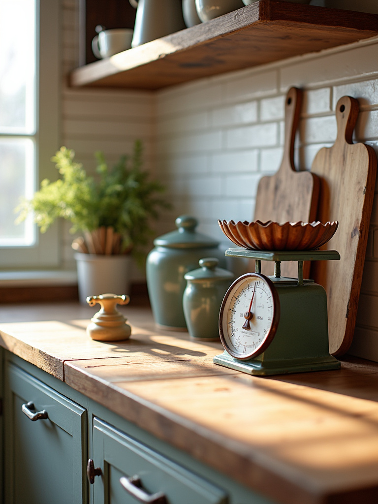 Rustic kitchen countertop styled with vintage accessories, including scales, wooden boards, and ceramic canisters, bathed in warm natural light.