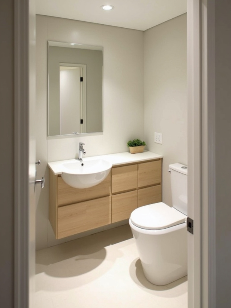 Small contemporary bathroom featuring a light wood wall-mounted vanity.