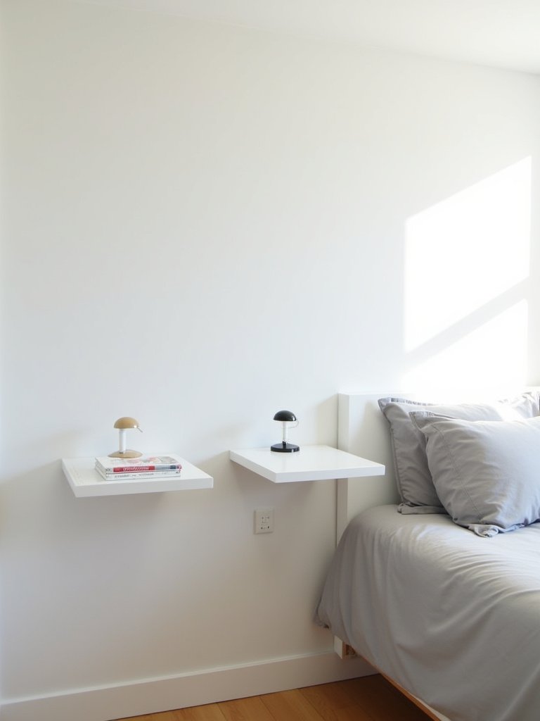 A minimalist bedroom corner featuring a queen-sized bed flanked by white floating nightstands. Natural light illuminates the clean lines and uncluttered surfaces, highlighting the light gray bedding and the simple, functional bedside lamps and books.