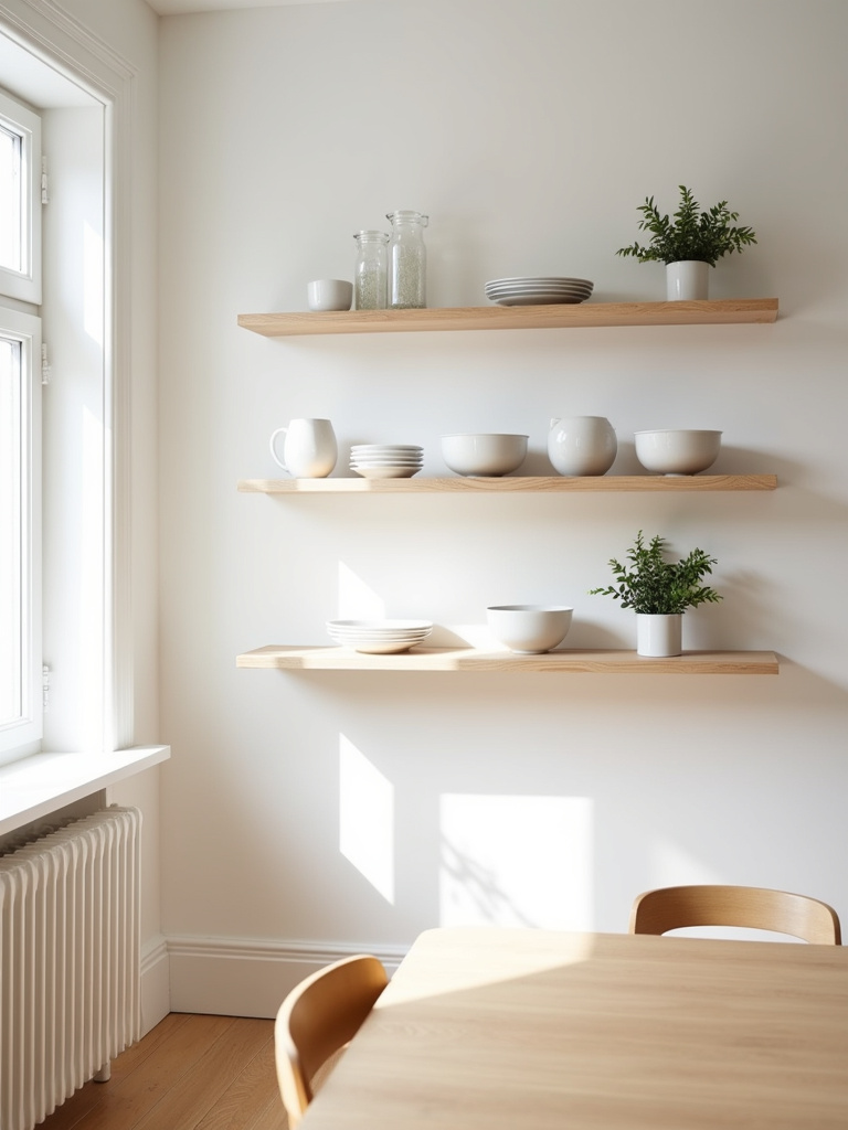 Scandinavian dining room featuring light wood floating shelves displaying dishes, plants, and vases.