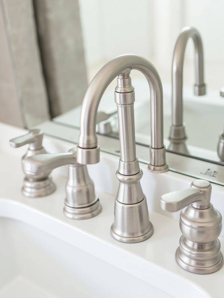 A display of high-quality bathroom fixtures in brushed nickel finish, showcasing durability and longevity as key factors in bathroom renovations.