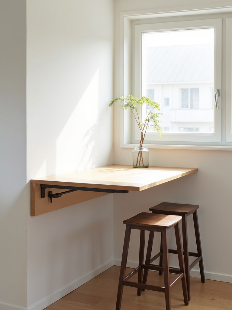 Minimalist small kitchen featuring a light wood fold-down table extended with stools underneath, maximizing dining space.