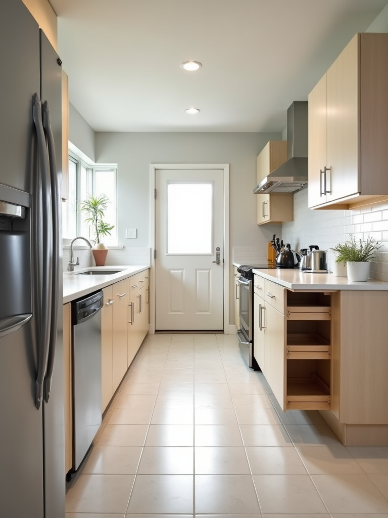 An accessible kitchen designed for universal use, featuring varied countertop heights, wide doorways, and pull-out shelves, brightly and evenly lit to highlight its open and accommodating design.