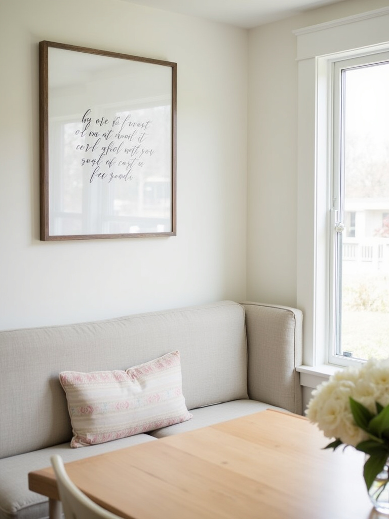 Transitional dining room featuring a framed calligraphy quote above a linen dining bench.