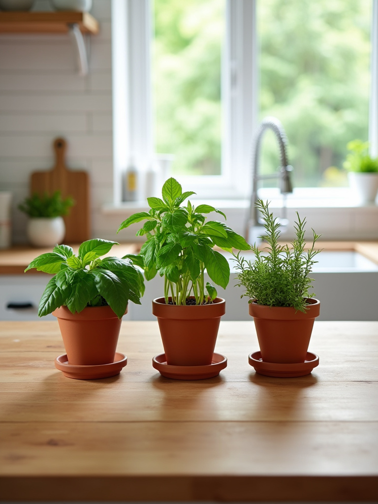 Terracotta pots with fresh herbs like basil, mint, and rosemary on a butcher block kitchen island.