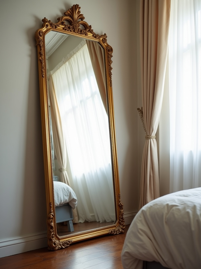A bedroom featuring a large, ornate gold-framed full-length mirror leaning against a wall. The mirror reflects natural light from a window and part of the bed, enhancing the sense of spaciousness and light within the classic and elegant bedroom.