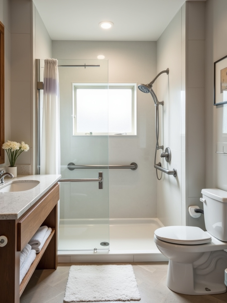 “An accessible modern bathroom with a walk-in shower and integrated grab bars, illustrating future-proof design principles for long-term usability.”