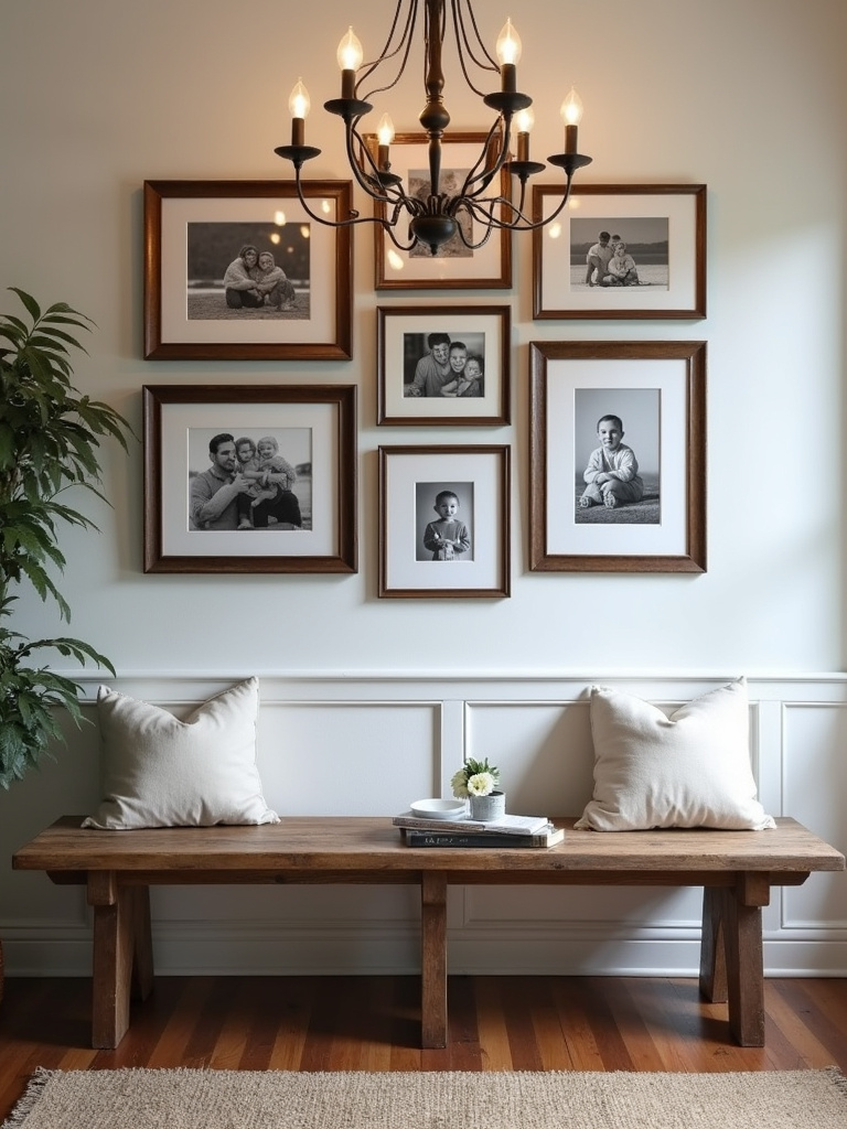 Farmhouse dining room with a gallery wall of family photos in black and white above a bench.