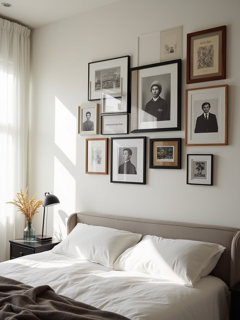 A bedroom wall featuring a gallery wall above the headboard. The gallery wall showcases a mix of framed art prints, black and white photos, and a small mirror, creating a personalized and artistic statement within the eclectic-style bedroom bathed in soft natural light.