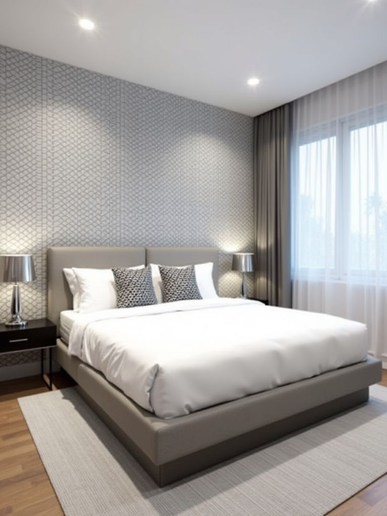 A modern bedroom featuring gray and white geometric wallpaper on an accent wall, illuminated by bright overhead lighting.